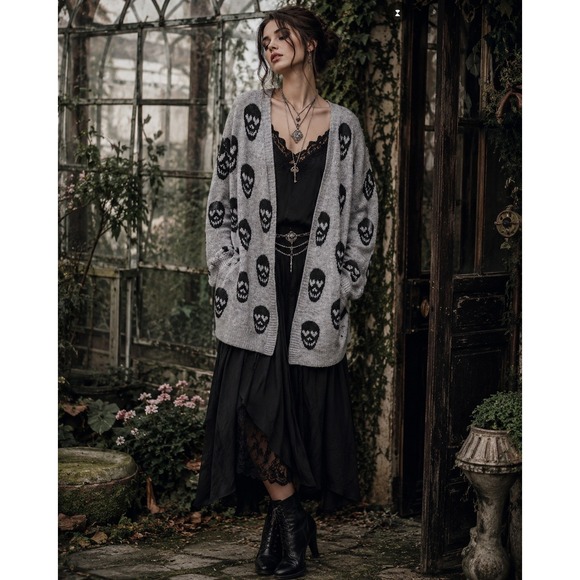 No Boundaries Sweaters - No Boundaries Grey Black Skull Print Oversized Cardigan Sweater XL 16-18 Goth